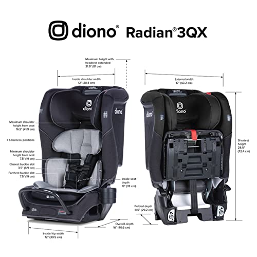 Diono Radian 3QX 4-in-1 Rear & Forward Facing Convertible Car Seat, Safe+ Engineering 3 Stage Infant Protection, 10 Years 1 Car Seat, Ultimate Protection, Slim Fit 3 Across, Black Jet