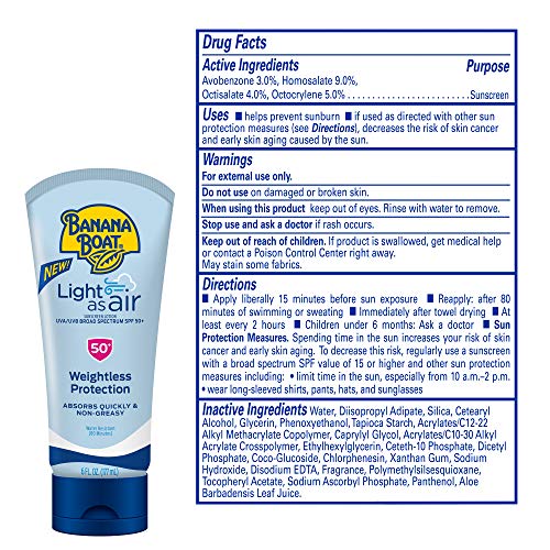 Banana Boat Light As Air Sunscreen, Broad Spectrum Lotion, SPF 50, 6oz. - 2 Count (Pack of 1)