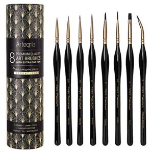 artegria detail paint brush set - 8 miniature paint brushes - extra fine tips ergonomic handles angled spotter for small scale models warhammer 40k paint by numbers for adults - acrylic watercolor oil
