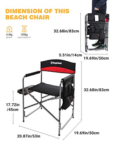 KingCamp Camping Chairs 2 Pack, Heavy Duty Folding Directors Chair Sports Chair Oversized Padded Seats with Side Table Storage Pockets Armrest for Adults, Supports 396 lbs, Red