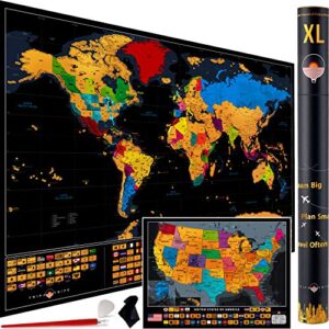 xl scratch off world map with 233 flags – 36 x 24 scratch off map of the world + scratch off usa map – easy to frame world scratch off map + tools – travel map wall poster - deluxe gift for travelers