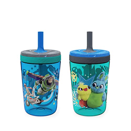 Zak Designs Kelso 15 oz Tumbler Set (Toy Story 4 - Woody & Buzz 2pc Set) Toddlers Cup Non-BPA Leak-Proof Screw-On Lid with Straw Made of Durable Plastic and Silicone, Perfect Baby Cup Bundle for Kids