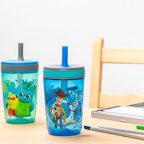 Zak Designs Kelso 15 oz Tumbler Set (Toy Story 4 - Woody & Buzz 2pc Set) Toddlers Cup Non-BPA Leak-Proof Screw-On Lid with Straw Made of Durable Plastic and Silicone, Perfect Baby Cup Bundle for Kids