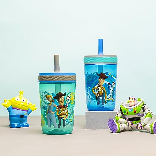 Zak Designs Kelso 15 oz Tumbler Set (Toy Story 4 - Woody & Buzz 2pc Set) Toddlers Cup Non-BPA Leak-Proof Screw-On Lid with Straw Made of Durable Plastic and Silicone, Perfect Baby Cup Bundle for Kids