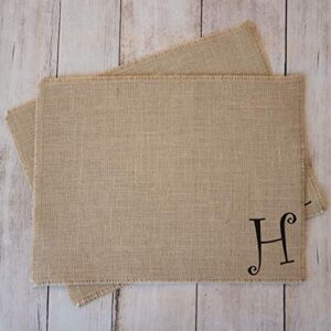 customized monogrammed burlap placemats - set of two 14" x 18" farmhouse kitchen jute place mats - made in the usa (h monogram)