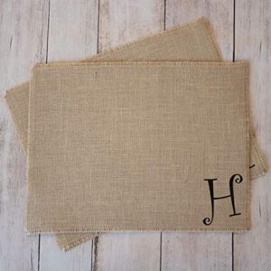 Customized Monogrammed Burlap Placemats - set of TWO 14" x 18" Farmhouse Kitchen Jute Place Mats - Made in the USA (H monogram)