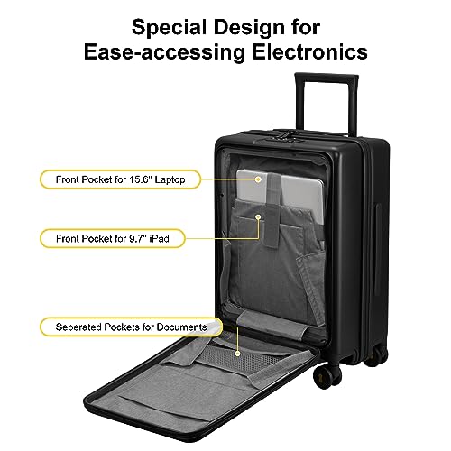 LEVEL8 Road Runner Carry On Luggage, 20‘‘ Lightweight PC Hardside Luggage with Front Pocket, Rolling Suitcase with Spinner Wheels, Travel Suitcase for Women & Men, TSA Locks-Black