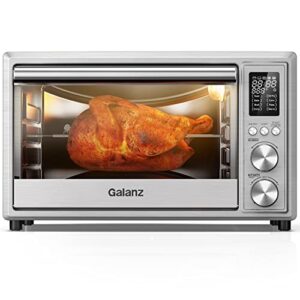 galanz gt12ssdan18 digital fry & rotisserie combo 8-in-1 air fryer toaster, convection oven with pizza & dehydrate, 4 accessories included, 1800w, 26 quart large, stainless steel, 30l, 2 knobs