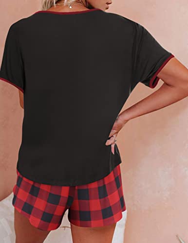 Ekouaer Pajamas Women Short Sleeve with Plaid Shorts Soft Sleepwear Sleep Set Casual Lounge Pj Set,Black, Red Plaid