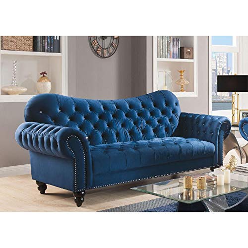 Eddy Mid Century Tufted Velvet Sectional Sofa Couch, Modern Diamond Tufted Upholstered Velvet Sofa with Rolled Wooden Legs, Luxury Vintage Tufted Velvet Living Room Sofa Couch(Navy)