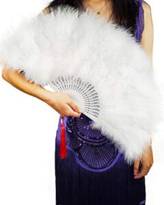 happy feather handheld marabou feather fan, 1920s vintage style flapper hand fan for costume party and dancing-white