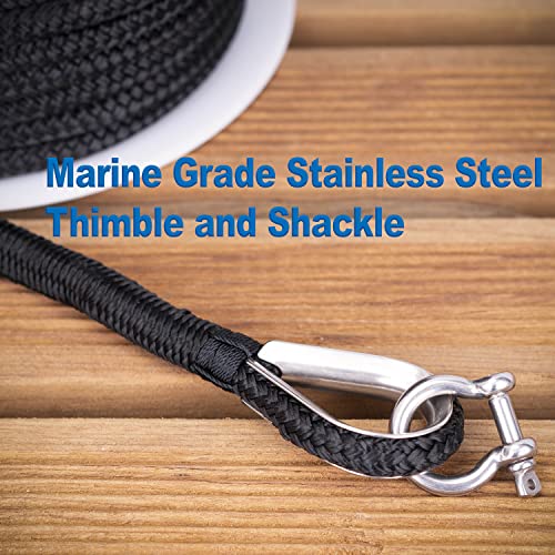 Young Marine Made 3/8 Inch 100FT 150FT Black Nylon Anchor Line Double Braided Anchor Rope/Line with Thimble (3/8" x 100')