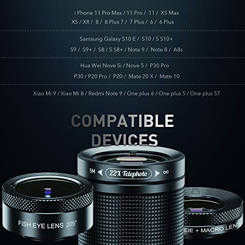 MIAO LAB Phone Lens Kits-22x Telephoto Lens/205°Fisheye Lens/120°Wide Angle Lens&20x Macro Lens/Tripod and Remote Shutter Works with iPhone 11 Plus X XS XR Samsung Huawei