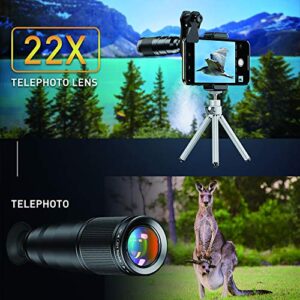 MIAO LAB Phone Lens Kits-22x Telephoto Lens/205°Fisheye Lens/120°Wide Angle Lens&20x Macro Lens/Tripod and Remote Shutter Works with iPhone 11 Plus X XS XR Samsung Huawei