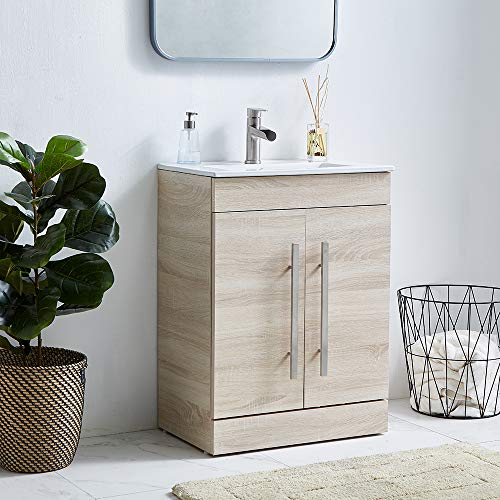 24 Inch Modern Grey Wood Grain Bathroom Vanity Bath Vanity with Sink,Vanity Cabinet with Double Handle Bathroom Vanity Set Bathroom Vanity Cabinet Small Bathroom Sink Vanity Natural Wood for Bathroom