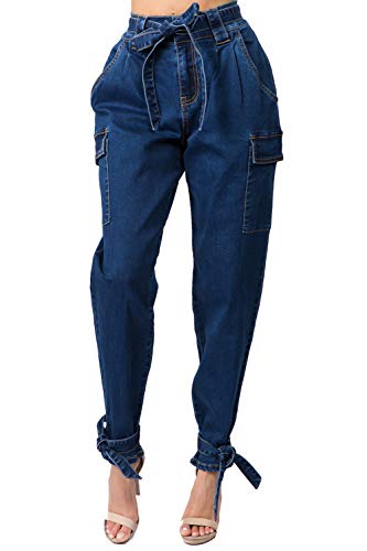 Twiin Sisters Women's Fashion Casual Stretch High Waist Denim Jeans Jogger Pants with Ankle Tie for Women - Small, Dark Blue