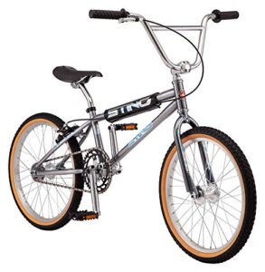 schwinn sting pro retro bmx for youth/adult, throwback 1989 design, single-speed drivetrain, hi-ten steel frame, aluminum rims, tubular crankset, 20-inch wheels, grey