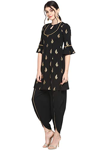 Janasya Indian Women's Black Poly Crepe Kurti with Dhoti Pant(SET182-KR-DH)