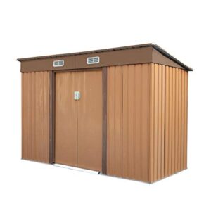 jaxpety 4.2' x 9.1' outdoor storage shed garden shed utility tool storage house backyard lawn building with sliding door, brown