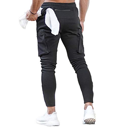 AOTORR Men's Workout Sport Pants, Athletic Running Jogger Track Pants Casual Sweatpants Trousers with Zipper Pockets Black L#346