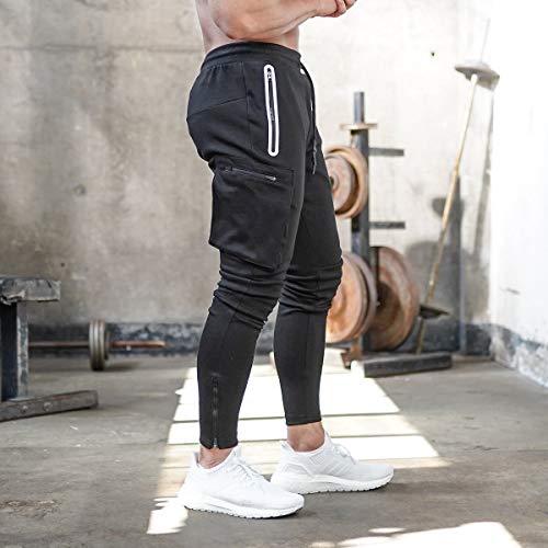 AOTORR Men's Workout Sport Pants, Athletic Running Jogger Track Pants Casual Sweatpants Trousers with Zipper Pockets Black L#346