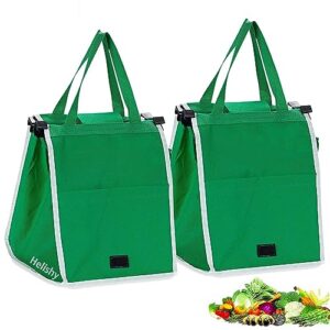 helishy 2pack reusable grocery bags shopping trolley bags, green non-woven tote bags with handles, collapsible grab and go bag clip on shopping cart
