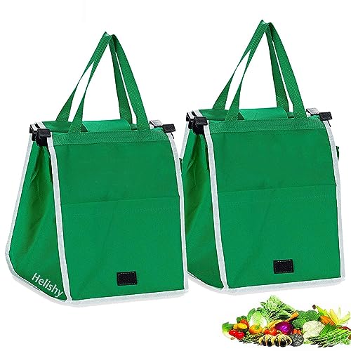 Helishy 2Pack Reusable Grocery Bags Shopping Trolley Bags, Green Non-woven Tote Bags with Handles, Collapsible Grab and Go Bag Clip on Shopping Cart