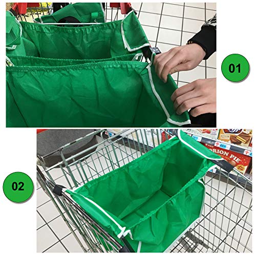 Helishy 2Pack Reusable Grocery Bags Shopping Trolley Bags, Green Non-woven Tote Bags with Handles, Collapsible Grab and Go Bag Clip on Shopping Cart