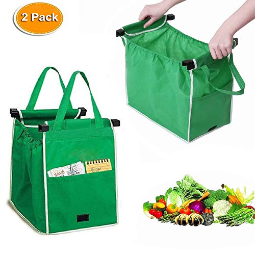 Helishy 2Pack Reusable Grocery Bags Shopping Trolley Bags, Green Non-woven Tote Bags with Handles, Collapsible Grab and Go Bag Clip on Shopping Cart