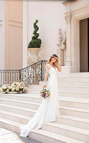Clothfun Women's V-Neck Lace Beach Wedding Dresses for Bride 2023 Long Sleeve Bridal Gowns Style9 White 4