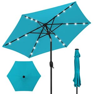 best choice products 7.5ft outdoor solar market table patio umbrella for deck, pool w/tilt, crank, led lights - sky blue