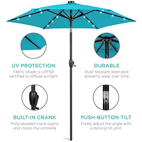 Best Choice Products 7.5ft Outdoor Solar Market Table Patio Umbrella for Deck, Pool w/Tilt, Crank, LED Lights - Sky Blue