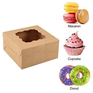 Moretoes 24pcs 6x6x3in Brown Bakery Boxes Pastry Boxes Cookie Boxes Mini Cake Boxes with Window Included Parchment Paper and Stickers