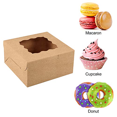 Moretoes 24pcs 6x6x3in Brown Bakery Boxes Pastry Boxes Cookie Boxes Mini Cake Boxes with Window Included Parchment Paper and Stickers