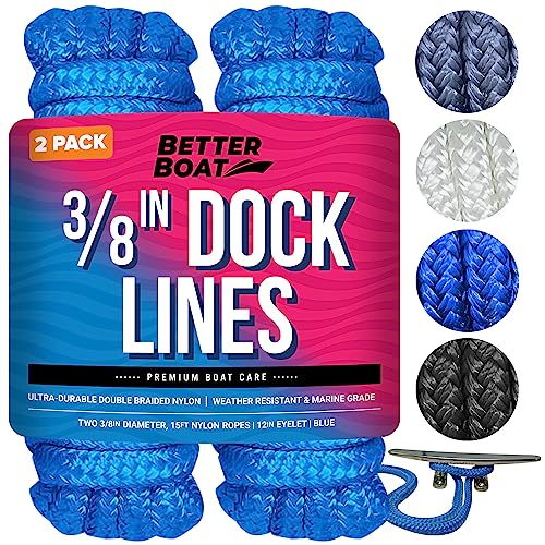 Dock Lines Boat Ropes for Docking 3/8" Line Double Braided Mooring Marine Rope 15FT Nylon Rope Boat Dock Line for Docking Ropes for Boats with Loop Boating Rope Braided 15' Feet Ties Blue 2 Pack