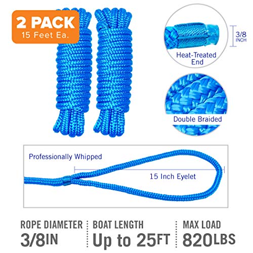 Dock Lines Boat Ropes for Docking 3/8" Line Double Braided Mooring Marine Rope 15FT Nylon Rope Boat Dock Line for Docking Ropes for Boats with Loop Boating Rope Braided 15' Feet Ties Blue 2 Pack