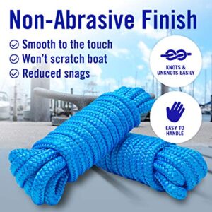 Dock Lines Boat Ropes for Docking 3/8" Line Double Braided Mooring Marine Rope 15FT Nylon Rope Boat Dock Line for Docking Ropes for Boats with Loop Boating Rope Braided 15' Feet Ties Blue 2 Pack