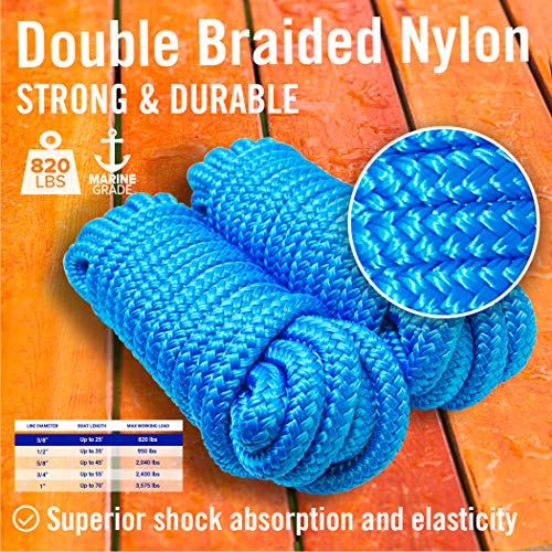 Dock Lines Boat Ropes for Docking 3/8" Line Double Braided Mooring Marine Rope 15FT Nylon Rope Boat Dock Line for Docking Ropes for Boats with Loop Boating Rope Braided 15' Feet Ties Blue 2 Pack