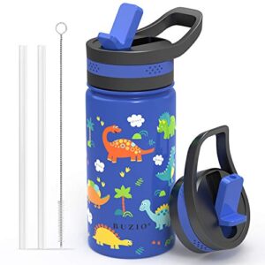 buzio insulated water bottle for kids, modern vacuum insulated hydro bottle with 2 straw lids, 14oz double walled wide mouth sports drink flask with blue dinosaur park, simple thermo canteen mug cup