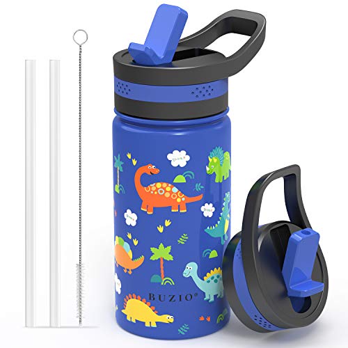 BUZIO Insulated Water Bottle for Kids, Modern Vacuum Insulated Hydro Bottle with 2 Straw Lids, 14oz Double Walled Wide Mouth Sports Drink Flask with Blue Dinosaur Park, Simple Thermo Canteen Mug Cup