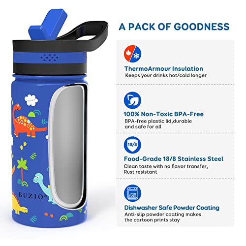BUZIO Insulated Water Bottle for Kids, Modern Vacuum Insulated Hydro Bottle with 2 Straw Lids, 14oz Double Walled Wide Mouth Sports Drink Flask with Blue Dinosaur Park, Simple Thermo Canteen Mug Cup