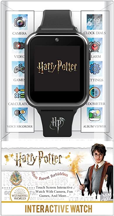 Accutime Kids Harry Potter Educational Learning Touchscreen Black Smart Watch Toy with Black Strap for Girls, Boys, Toddlers - Selfie Cam, Games, Alarm, Calculator, Pedometer (Model: HP4096AZ)