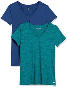 amazon essentials women's tech stretch short-sleeve v-neck t-shirt (available in plus size), pack of 2, navy/teal blue space dye, large
