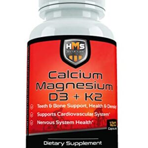 HMS Nutrition Calcium, Magnesium, Vitamins D3 and K2 - 120 Vegan Capsules, 60 Day Supply - Supports Lung & Immune System Health, Strong Bones & Teeth - Non-GMO, Soy Free, & Dairy Free