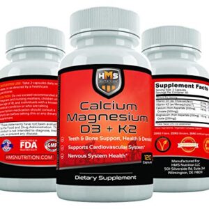 HMS Nutrition Calcium, Magnesium, Vitamins D3 and K2 - 120 Vegan Capsules, 60 Day Supply - Supports Lung & Immune System Health, Strong Bones & Teeth - Non-GMO, Soy Free, & Dairy Free