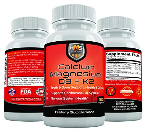 HMS Nutrition Calcium, Magnesium, Vitamins D3 and K2 - 120 Vegan Capsules, 60 Day Supply - Supports Lung & Immune System Health, Strong Bones & Teeth - Non-GMO, Soy Free, & Dairy Free