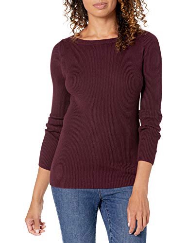 Amazon Essentials Women's Lightweight Ribbed Long-Sleeve Boat Neck Slim-Fit Sweater, Burgundy, Large