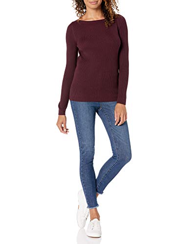 Amazon Essentials Women's Lightweight Ribbed Long-Sleeve Boat Neck Slim-Fit Sweater, Burgundy, Large