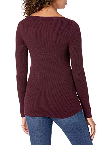 Amazon Essentials Women's Lightweight Ribbed Long-Sleeve Boat Neck Slim-Fit Sweater, Burgundy, Large