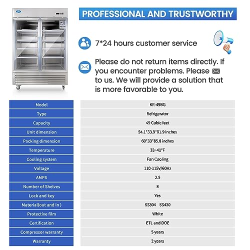 kalifon 54" Commercial Refrigerator Merchandiser 2 Glass Door 2 Section Stainless Steel, 49 Cu.Ft Display Refrigerator Upright Fridge Cooler with LED Lighting for Restaurant Kitchen